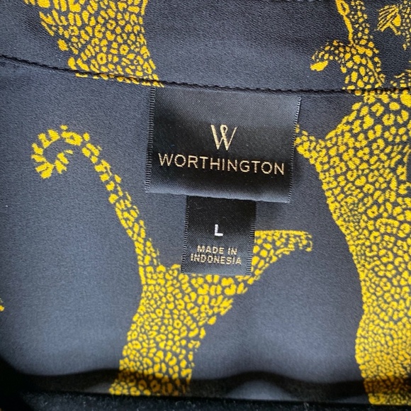 Worthingotn Black/Amber Leopard Print V-Neck Button Up Long Sleeve Blouse Size L - Picture 12 of 13